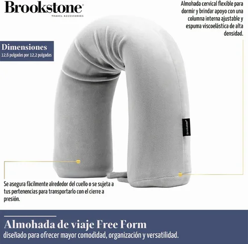 Vista 2 de Brookstone Free Form Almohada de Viaje - Almohada de Cuello de Viaje de Espuma Viscoelástica Ligera y Flexible para Dormir, Automóvil, Avión y Gris