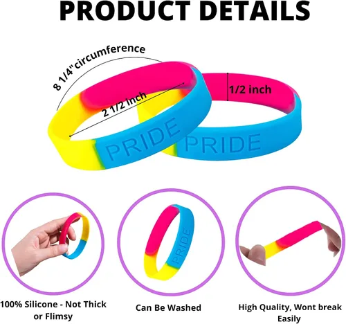 Vista 7 de Pansexual - Pulseras de silicona para orgullo gay, pulseras de goma con bandera del orgullo rosaamarilloazul para concienciación LGBTQ, mes