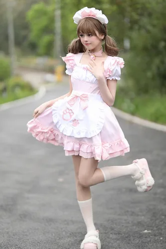 Vista 3 de Delantal de sirvienta amarillo de anime, vestido de Lolita, disfraz de cosplay, sombreros, calcetines con dobladillo de falda para mujeres y niñas