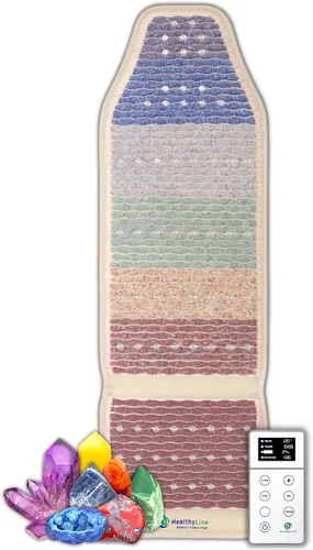 Vista 10 de HealthyLine Alfombrilla de chakra arcoíris – Reiki mejorado, yoga y masaje – Almohadilla térmica eléctrica de piedras preciosas con iones negativos