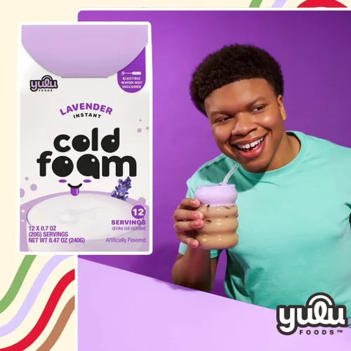 Vista 6 de YULU FOODS Palitos de espuma fría instantánea de lavanda (12 porciones, 8.47 oz) Espuma fría floral sin lácteos para café helado, té y matcha
