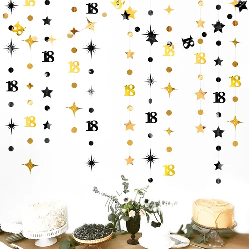 Vista 10 de Decoración de cumpleaños número 18 en negro, número 18 con punto circular, guirnalda de estrellas centelleantes, banderines de serpentina metálica