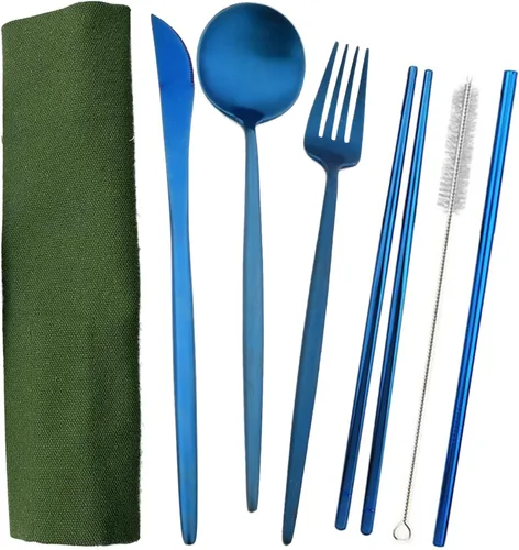 Vista 28 de JASHII Juego de cubiertos de viaje de acero inoxidable, tenedor, cuchara, cuchillo, pajilla, cubiertos reutilizables con estuche, juego de Rosa