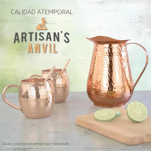 Vista 5 de Jarra de cobre martillado Artisan's Anvil con asa, 100% cobre, resistente, hecha a mano, 70 fl. Oz., mejor para agua, Ayurveda, Moscow Mules
