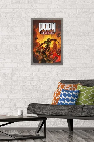 Vista 2 de Trends International Doom Eternal - Póster de pared Marauder, 22.4 pulgadas de largo x 14.7 pulgadas, versión enmarcada en madera de granero