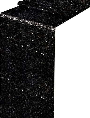 Vista 8 de Camino de mesa de lentejuelas negras, 1 paquete de 12 x 72 pulgadas de largo, camino de tela brillante con purpurina para decoración de mesa redonda