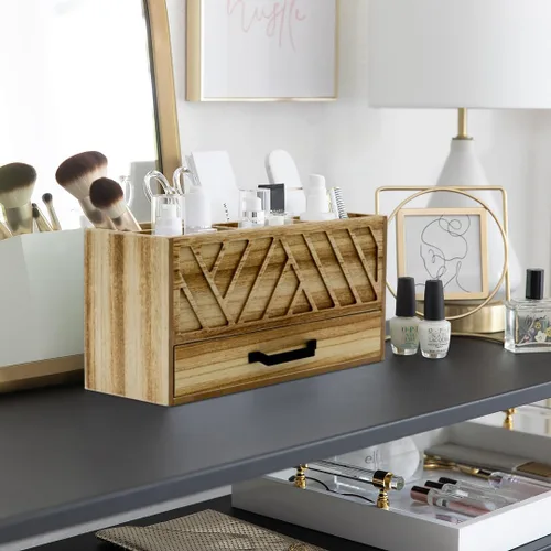 Vista 3 de BLU MONACO Organizador de bolígrafos de escritorio de madera natural con cajón Soporte de madera para bolígrafos y organizador de papelería con 6