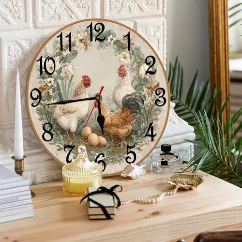 Vista 3 de Reloj de madera retro con corona de pollo, 10 pulgadas, funciona con pilas, reloj de pared sin tictac, relojes de decoración de gallinero de madera