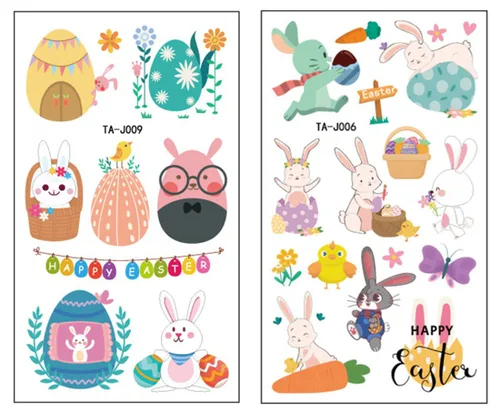 Vista 4 de 10 hojas (110 unidades) Tatuaje temporal de Pascua para niños, calcomanías de tatuaje de huevos de conejo, manos faciales disponibles, decoraciones