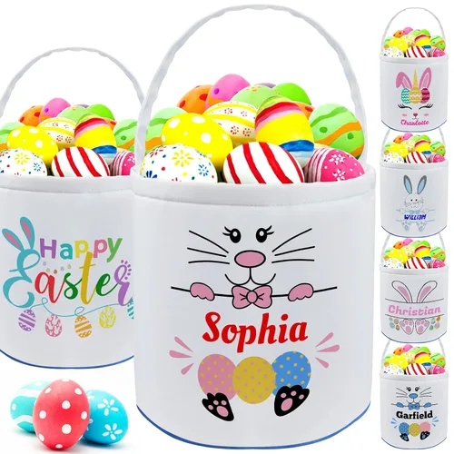 Vista 24 de Cesta de Pascua personalizada con nombre para niñas, niños y niños, cesta de Pascua personalizada bolsas de regalo para caza de huevos de Pascua