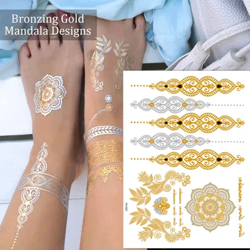 Vista 5 de 6 hojas de tatuajes temporales de henna dorada para mujeres y niñas, calcomanías de tatuaje falso de encaje, misterio sexy, mandala, flor, diseño