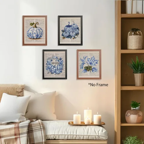 Vista 3 de AEHIE Chinoiserie Fall Pumpkin Wall Art Poster Prints Decor 4pcs 8x10 Blue and White Autumn Pumpkin Floral Maple Leaf Decorations Prints Wall Art