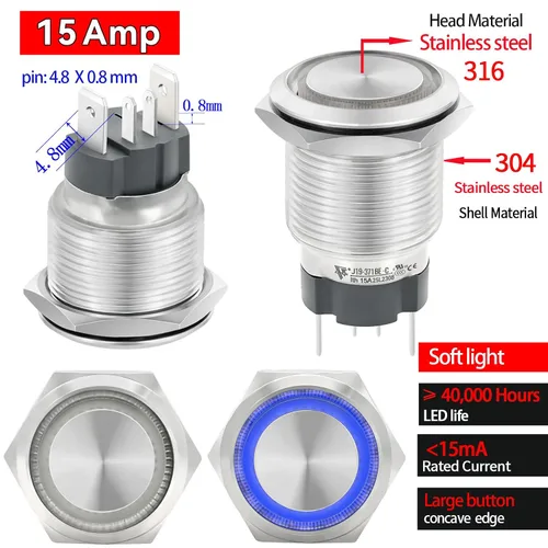 Vista 3 de Interruptor de botón de cierre de 15 amperios 19 mm 3/4 "agujero 12V/24V CC impermeable IP67 SPST de acero inoxidable 304 interruptor