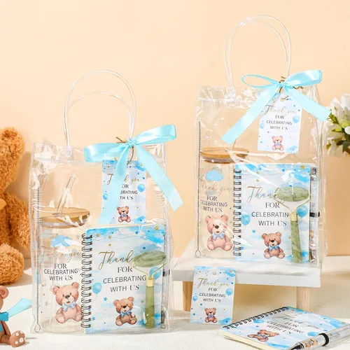 Vista 4 de Reallnaive Juego de 6 Premios de Juego de Baby Shower de Oso para Jugadores Ganadores Vasos con Tapas Pajitas Rodillo para Cara Bolígrafos Cuadernos