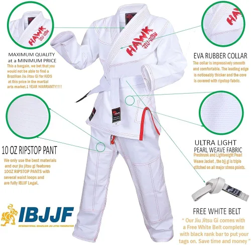 Vista 3 de Jiu Jitsu brasileño, para niños, Jiu Jitsu Gi Children BJJ Gi Grappling Kimonos, cinturón blanco ligero, Blanco
