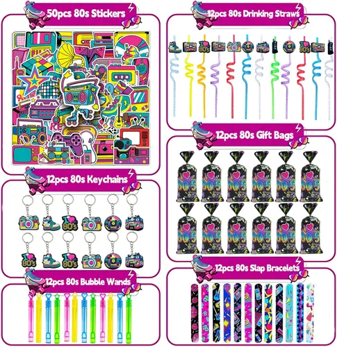 Vista 2 de CHSLtmxq 122 PCS Decoraciones de Fiesta de los Años 80, Set de Suministros de Favores de Fiesta Temática de los Años 90, Pulseras Slap y Llaveros