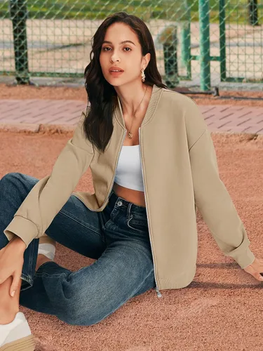 Vista 5 de MEROKEETY Sudaderas de manga larga con cremallera para mujer, chaquetas casuales sueltas con bolsillos