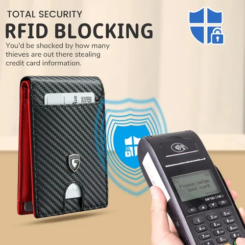 Vista 6 de GSOIAX Billetera delgada para hombre con bloqueo RFID, carteras plegables para hombre, minimalista, cuero auténtico, fibra de carbono, clip
