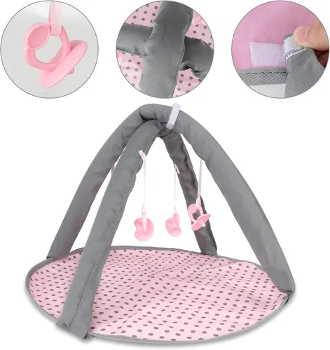 Vista 4 de deAO Muñeca de bebé, cochecito de cuna, cama de guardería, juego de rol, muñeca de bebé con accesorios y alfombra de juego, cuna de viaje, saltador