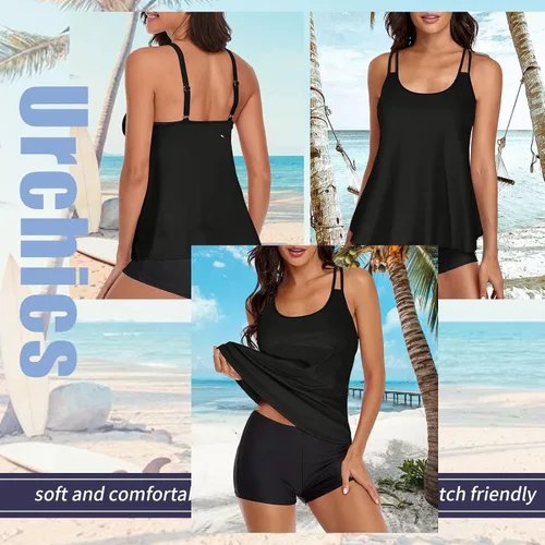 Vista 2 de Urchics - Traje de baño 2023, para mujer, tankini de dos piezas, con control de abdomen, camiseta fluida sin mangas, con short
