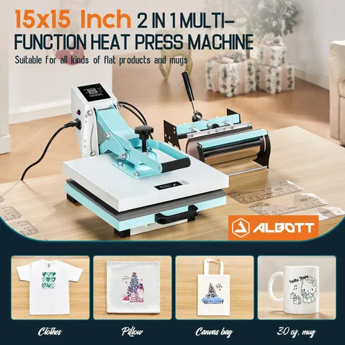 Vista 2 de Albott Máquina de prensa térmica 2 en 1 de 15 x 15 pulgadas para camisetas y tazas, prensa de sublimación de calentamiento rápido con pantalla