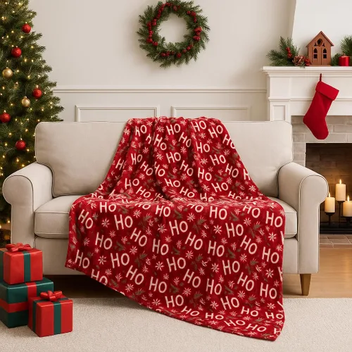 Vista 15 de Manta de Forro Polar para las Fiestas Navideñas: Corona Tradicional de Decoración del Hogar con Saludos Cheers Merry Peace Joy sobre Fondo Beige