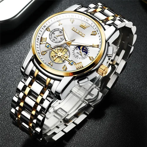 Vista 3 de OLEVS Watches for Men,Luxury Big Face Mens Watch Stainless Steel Quartz Analog Dress Watches for Men Luminous Multifunction Chronograph Man Watch