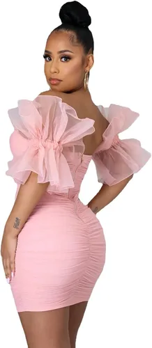 Vista 2 de Ekaliy Vestido corto sexy de malla para mujer, manga corta, fruncido y fruncido, cuello en V profundo, vestido de fiesta de retazos