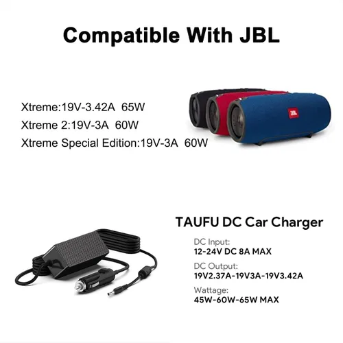 Vista 3 de Cargador JBL Boombox, TAIFU 19V 65W DC Adaptador Cargador de coche para JBL Xtreme Xtreme 2 Etreme Altavoz Bluetooth inalámbrico portátil Cargador