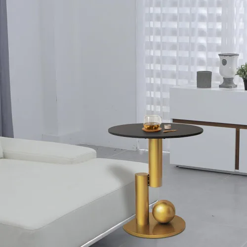Vista 4 de Mesa auxiliar con parte superior de mármol, mesa auxiliar de metal dorado, mesa auxiliar moderna para sofá, mesa auxiliar redonda de café para sofá
