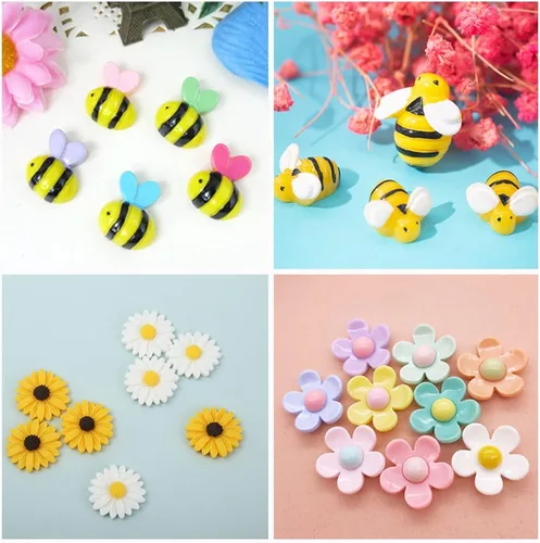 Vista 5 de JKanruh Juego de 100 piezas de pequeñas flores de abejas, diminutos adornos de flores de abejorro de resina para adornos, manualidades temáticas