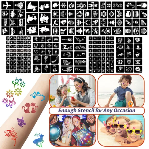 Vista 4 de Kit de tatuajes temporales con purpurina para niños, 36 colores de purpurina, 222 plantillas, 3 pegamento, 5 pinceles, kit de purpurina artística
