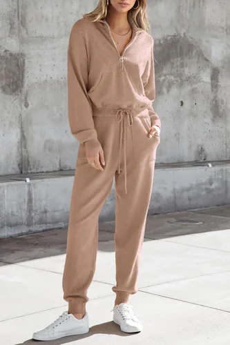 Vista 124 de PRETTYGARDEN Conjunto de suéter de 2 piezas para mujer, sudadera con cremallera, pantalones deportivos, ropa casual