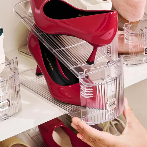 Vista 2 de Organizador de ranuras ajustables para zapatos, paquete de 10 unidades de apiladores de zapatos transparentes, soporte para zapatos, ahorrador
