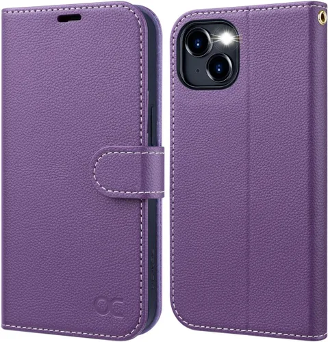 Vista 9 de OCASE Funda tipo cartera compatible con iPhone 15 Plus, de piel sintética, con tarjetero, bloqueo RFID, soporte para teléfono