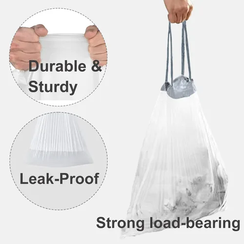 Vista 2 de Bolsas de basura con cordón resistentes de 50 unidades de 1.2 mil de grosor Forros blancos para botes de basura compatibles con Code P de 13-17