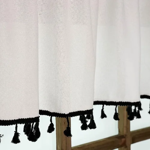 Vista 2 de Oindec Cenefas de cocina de lino sintético con borlas, color blanco, 54 x 15 pulgadas Borlas negras, granja moderna, rústico campestre