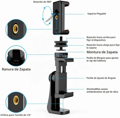 Vista 4 de Owine Adaptador universal de trípode para teléfono celular, abrazadera premium para smartphone, compatible con iPhone, Samsung Galaxy, Note, Lg