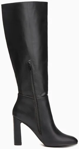 Vista 4 de Coutgo Botas altas de tacón grueso para mujer, botas altas clásicas de cuero con punta cuadrada con cremallera