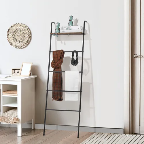 Vista 4 de Escalera para Mantas de 5 Niveles Apoyada en la Pared con Estante Escalera Decorativa para Mantas Estante de Metal Escalera Inclinada para Toallas