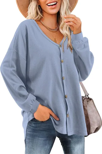 Vista 6 de Beluring Women's Shirts V Neck Long Sleeve Waffle Knit Button Up Tunic Tops Blouse verde militar (s-army green)