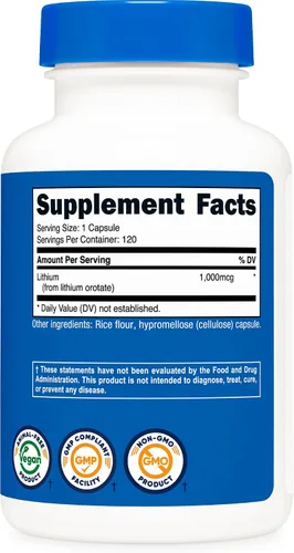 Vista 5 de Nutricost Orotato de litio (1,000 mcg) 120 cápsulas - Vegano, sin gluten, sin OMG GMO-Free