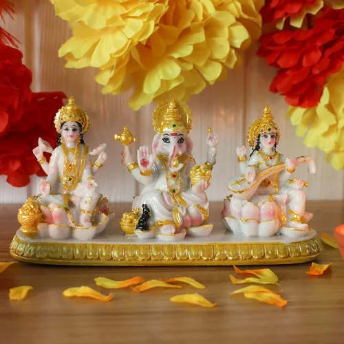 Vista 2 de alikiki Estatua india de Laxmi Ganesh Saraswati – 3.9 pulgadas de alto pequeño aspecto de mármol Lakshmi Ganesha ídolo escultura para tablero