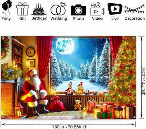 Vista 3 de BlissYard Pancarta Navideña para Ventana 71x43 Pulgadas Telón de Fondo de Noche Nevada con Chimenea de Santa, Árbol, Regalos, Farol, Cortina Roja