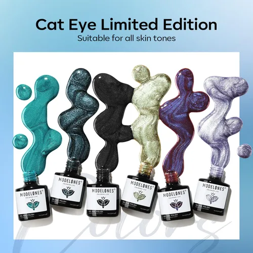 Vista 6 de modelones - Juego de 6 esmaltes en gel con efecto de ojo de gato cristalino, holográfico 9D, brillantina, negro, azul, morado, verde, con imán