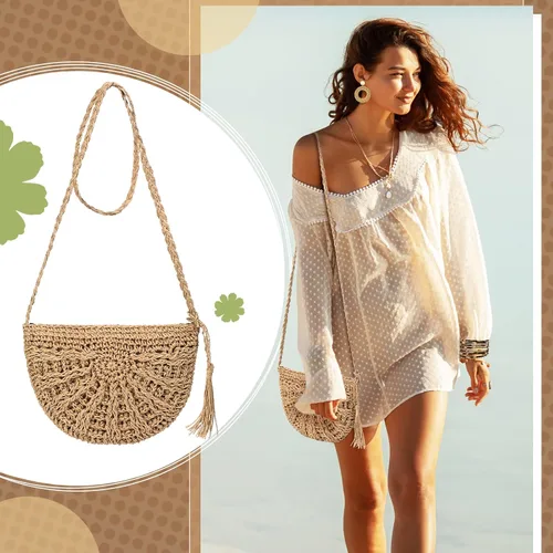 Vista 6 de Hicarer Beach Purse Earrings Set Straw Bag Vacation Purse with 4 Rattan Boho Tropical Earrings Leopard Bracelet