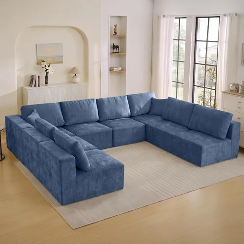 Vista 11 de WUTUTUEE Sofá modular en forma de U de 115 pulgadas, sofá modular modular de 3 plazas con 2 otomanas móviles, sofá cama convertible de pana con Beige