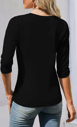 Vista 6 de Camiseta básica de algodón liso liso con cuello redondo y manga 34 para mujer