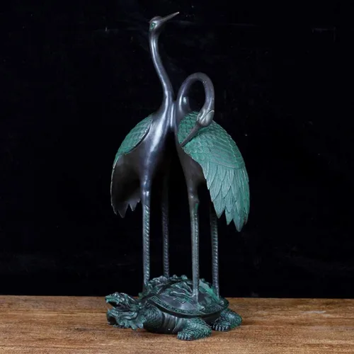 Vista 5 de Feng Chino Shui Estatua Escultura Cobre Puro Grúa Doble Felicidad Decoración Grúa Año Tortuga Sala de estar Ancianos Escritorio Decoración Regalo
