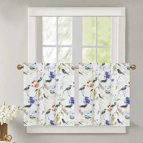 Vista 20 de Leeva - Cortinas pequeñas con estampado de pájaros, 24 pulgadas de largo, conjunto de paneles para ventanas, diseño de estampado de pájaros